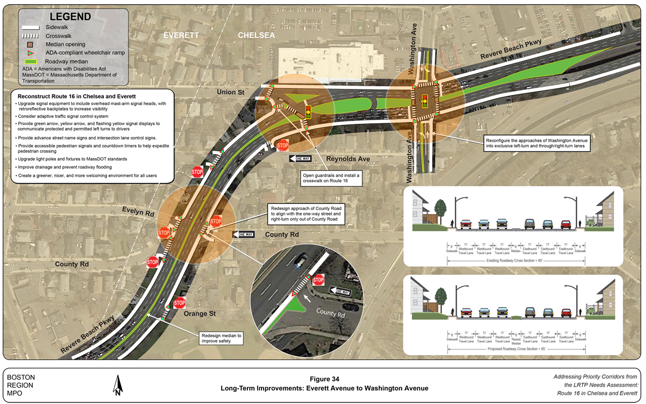 Figure 34
Long-Term Improvements: Everett Avenue to Washington Avenue
Figure 34 is an aerial photo of Route 16 showing long-term improvements from Everett Avenue to Washington Avenue.
Figure 34
Long-Term Improvements: Everett Avenue to Washington Avenue
Figure 34 is an aerial photo of Route 16 showing long-term improvements from Everett Avenue to Washington Avenue.